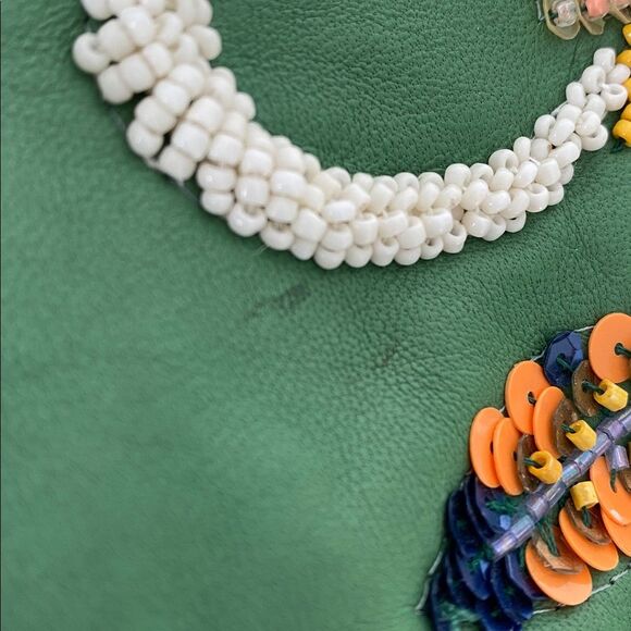 Anthropologie Monogram Green Floral Embellished Pouch NWT w/ defect Cottage Boho - Picture 10 of 11